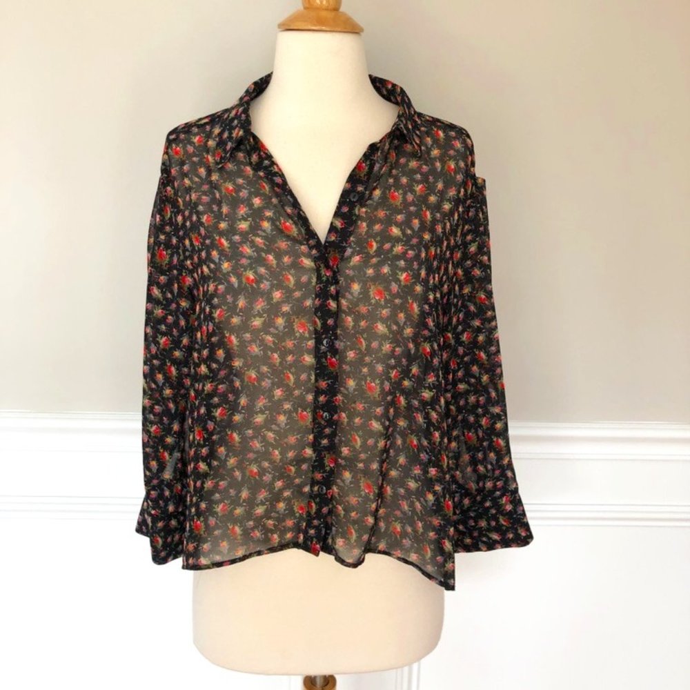 ZARA TRF BLACK RED FLORAL FLOWY TOP